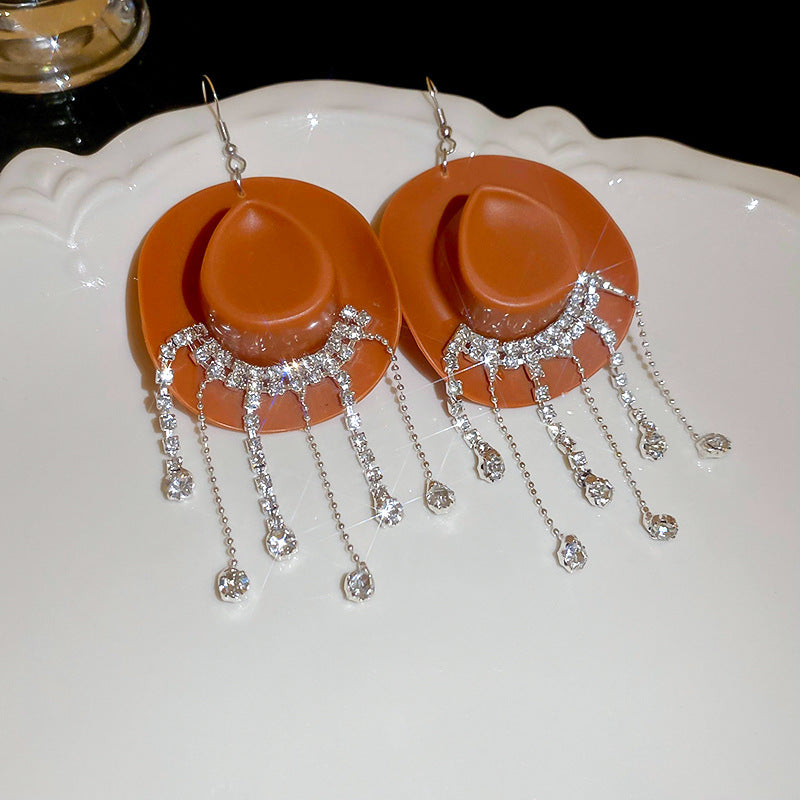 Wholesale Cowboy Hat Teardrop Diamond Tassel Earrings